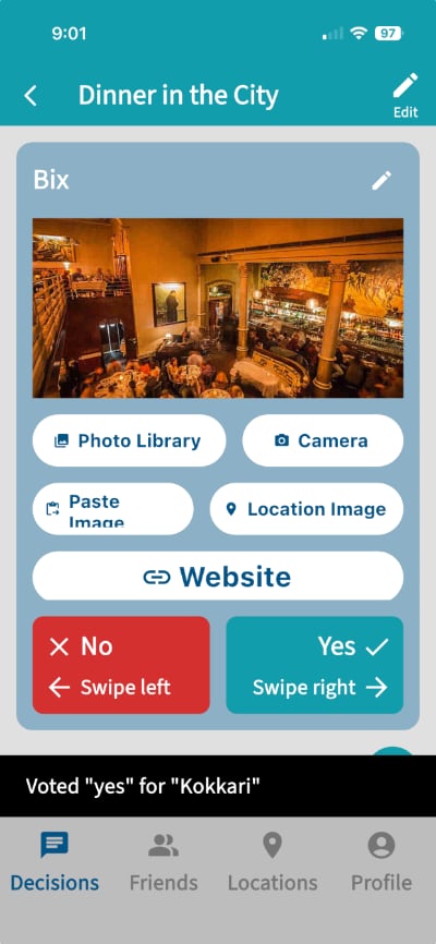 OuiDecide voting interface showing swipe to vote feature